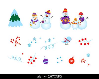 Collezione di clipart di Capodanno su sfondo bianco. Una famiglia di pupazzi di neve con regali. Illustrazione Vettoriale