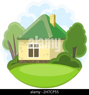 Piccola casa di campagna con pareti gialle e tetti verdi. Divertente stile cartoon. Paese suburbano villaggio. Architettura tradizionale semplice. Illustrazione Illustrazione Vettoriale