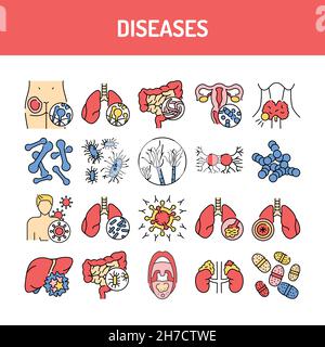 Icone delle linee di colore delle malattie impostate. Pittogrammi per la pagina Web Illustrazione Vettoriale