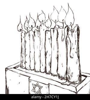 Disegno a mano di nove candele accese su un piedistallo con il simbolo della stella di Davide, come una chanukia. Illustrazione Vettoriale