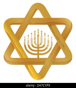 Design commemorativo per la celebrazione ebraica di Hanukkah con la stella dorata di David e la silhouette di hanukkia al suo interno. Illustrazione Vettoriale