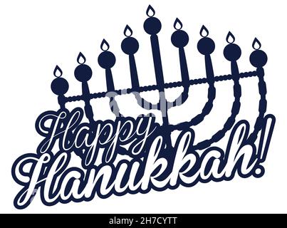 Segno blu con il saluto che vi augura un Hanukkah felice con tradizionale candelabro -o hanukkiah- silhouette. Illustrazione Vettoriale