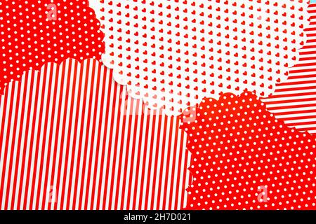 Motivo rosso bianco festivo, sfondo di carta da imballaggio di Natale. Strisce cuori e punti minimal Natale presenta il design. Foto Stock