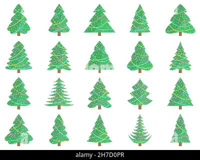 Set di icone decorate di alberi di Natale isolato su sfondo bianco. Albero di Natale decorato con ghirlande e palle. Abeti per poster, striscioni Illustrazione Vettoriale