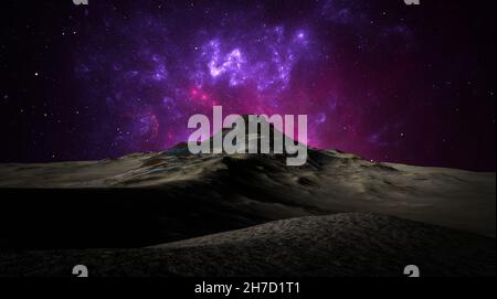 Panorama cosmico di un pianeta montano nello spazio. Mondo fantastico, miliardi di stelle fantasy nello spazio cielo sopra la montagna Foto Stock