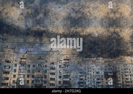 Sera thunderstorm cielo sopra gli appartamenti. Le nuvole di tempesta scura coprono la città. Pittura digitale ad acquerello. Foto Stock