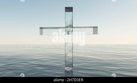 Croce di vetro in piedi nel mare. Illustrazione di Christian 3D Foto Stock