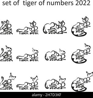 Set di tigri a mano. Illustrazioni della collezione. Zodiaco lunare simbolo del 2022 anno della Tigre. Cinese Capodanno 2022 logo di Natale con tigre Illustrazione Vettoriale