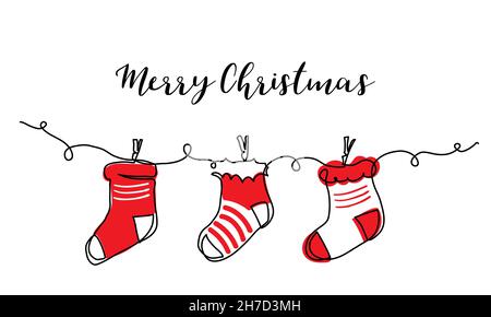 Calze di Natale disegno vettoriale a mano, illustrazione a colori per Natale. Una linea continua disegno artistico, sfondo, banner, poster con Natale rosso Illustrazione Vettoriale