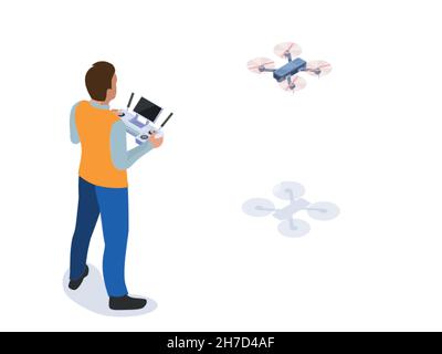Personaggio isometrico uomo con pannello di controllo drone e drone volante. Illustrazione isolata su sfondo bianco. Illustrazione Vettoriale