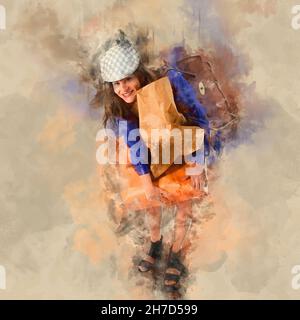 Immagine migliorata digitalmente di una donna alla moda in blouse blu fuori shopping Foto Stock