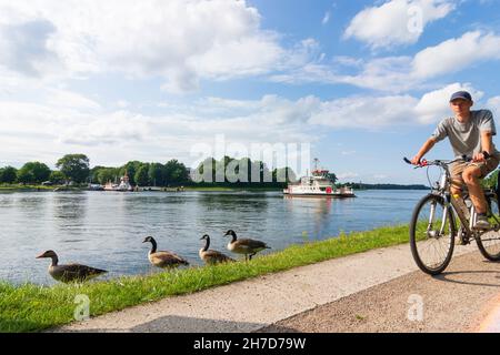 Rendsburg: Traghetto a Nobiskrug su Nord-Ostsee-Kanal (canale Kiel), oche del Canada (Branta canadensis), ciclista sulla strada ciclabile Nord-Ostsee-Kanal a Binnenl Foto Stock