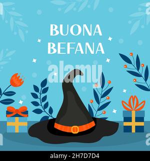 Buona Befana significa felice Epifania tradizione natalizia in Italia cappello da strega e modello di accessori di Natale per il tuo design. Illustrazione vettoriale Illustrazione Vettoriale