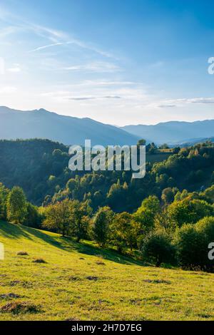 paesaggio autunnale della campagna dei carpazi. inizio stagione autunnale in montagna. alberi sulle colline erbose che si rotola nella valle lontana. bello Foto Stock