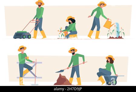 Coltivatori. Lavoratori all'aperto villaggio persone con piante da giardino agricolo piano garish vettore illustrazioni set isolato Illustrazione Vettoriale