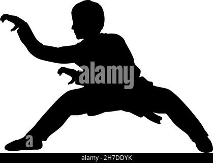 Silhouette di uomo treno arti marziali drago posa. Illustrazione Vettoriale