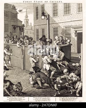 La prima tappa della crudeltà, incisione di William Hogarth, 1751 Foto Stock