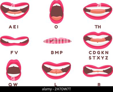 Animazione con labbra rosse. Bocca parlare Sync, bella donna che parla labbro lingua inglese pronuncia lettera, suono discorso, decente set illustrazione vettoriale. Educazione del viso umano, pratica inglese Illustrazione Vettoriale