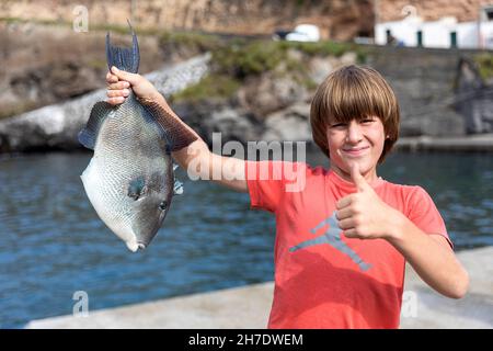 Ragazzo con orgoglio che detiene un triggerfish (balistidae) che ha appena catturato dal molo, Ponta Delgada, Flores, Azzorre, Portogallo, Europa Foto Stock