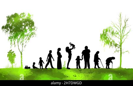 Silhouette di persone. Astrazione del ciclo di vita della donna. Illustrazione vettoriale Illustrazione Vettoriale