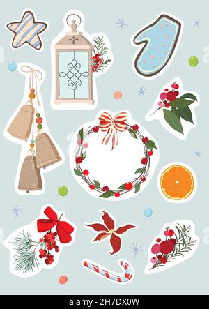 Collezione di adesivi invernali di Natale, design carino ed elementi per album. Per confezione regalo, buste di biglietti d'auguri, pianificatori Illustrazione Vettoriale