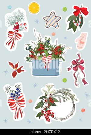Collezione di adesivi invernali di Natale, design carino ed elementi per album. Per confezione regalo, buste di biglietti d'auguri, pianificatori Illustrazione Vettoriale