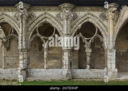 Ruined chiostro gotico dell'Abbazia di Saint-Jean-des-Vignes (Abbaye Saint-Jean-des-Vignes) a Soissons, Francia. I lavori di costruzione del chiostro iniziarono nel XIII secolo ma l'abbazia non fu mai completata. Foto Stock