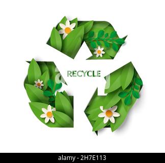 Simbolo di riciclaggio con foglie e fiori, illustrazione del taglio di carta vettoriale. Simbolo ecologico per il riutilizzo e il riciclaggio dei rifiuti. Illustrazione Vettoriale