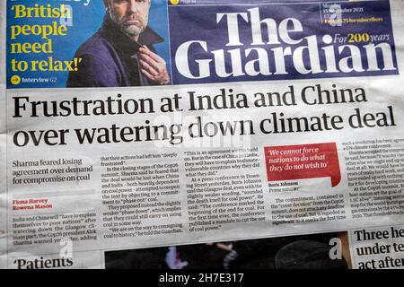 Guardian Global Warming Cop26 giornale titolo 'frustrazione in India e Cina per annaffiare giù clima Deal' 15 novembre 2021 Londra UK Foto Stock