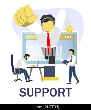 Call center, servizio di assistenza clienti online, illustrazione vettoriale. Supporto tecnico, helpdesk. Illustrazione Vettoriale