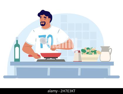 Uomo che cucinano cibo, preparare la cena in cucina, illustrazione vettoriale. Lavori domestici, lavori domestici, pulizie, hobby. Illustrazione Vettoriale