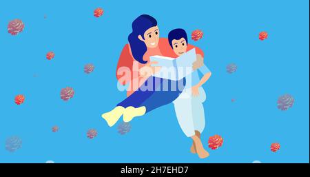 Immagine di illustrazione del libro di lettura di madre e figlio, con rose rosse su blu Foto Stock