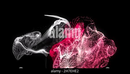 Immagine di particelle rosse e bianche che si muovono su sfondo nero Foto Stock