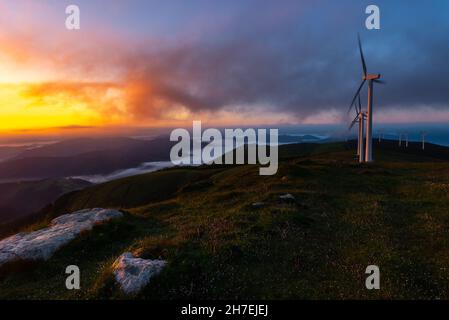 Wind turbines farm di sunrise, Oiz mountain, Paesi Baschi Foto Stock