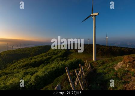 Wind turbines farm di sunrise, Oiz mountain, Paesi Baschi Foto Stock