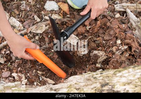 ragazza alla ricerca del tesoro con metal detector Foto Stock