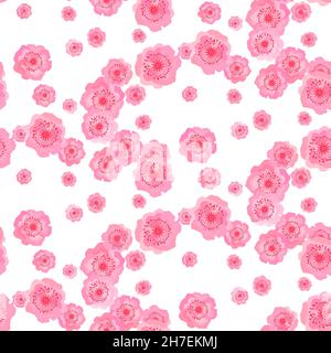 Fiori rosa fiore di ciliegio. Motivo senza cuciture con sakura primaverile giapponese su bianco. Design piatto per matrimoni, San Valentino, Festa della mamma, fiori wal Illustrazione Vettoriale