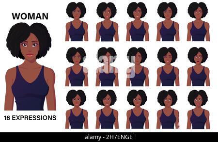 Bello personaggio Black Woman Cartoon in Dress 16 emozioni ed espressioni facciali Premium Vector Illustrazione Vettoriale