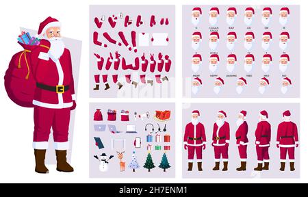 Natale Santa personaggio creazione e Face Animation set con cervi, pupazzi, albero, regali, slitta, E file vettoriale azioni diverse Illustrazione Vettoriale