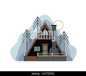 Casa in legno nera con fondamenta in pietra. Una piccola casa nella foresta su uno sfondo grigio astratto Illustrazione Vettoriale