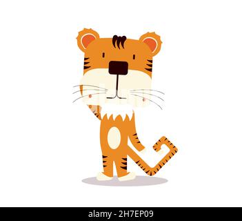 Adorabile cucciolo di tigre rosso che sventolava la zampa. Personaggio divertente del simbolo del nuovo anno. Stampa di biglietti o vestiti per bambini. Illustrazione Vettoriale