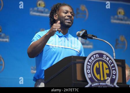 San Diego Chargers ex running back LaDainian Thomlinson parla alla 45th CIF Southern Section Football Championship Press Conference, Lunedi, No Foto Stock