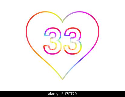 Numero 33 in un cuore bianco con contorno di colore arcobaleno. Foto Stock
