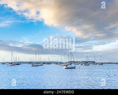 Paesaggio di barche in ormeggio a Sag Harbor, NY Foto Stock