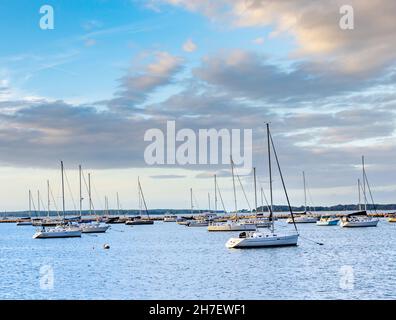 Paesaggio di barche in ormeggio a Sag Harbor, NY Foto Stock