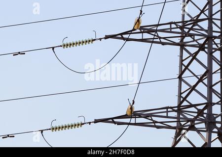 Cavi elettrici isolati su Power Pylon Close-up Foto Stock