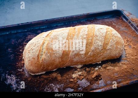 Baguette appena sfornate su una teglia: Pane francese fresco fatto in casa su un foglio di biscotti Foto Stock