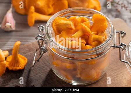 Conservare i funghi di chanterelle in un vaso con spezie ed erbe. Decapaggio di funghi commestibili selvatici Foto Stock