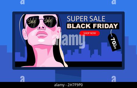 Offerta Black Friday. Pubblicità su un cartellone sullo sfondo della città. Bella ragazza in occhiali da sole con vendita riflessione. Illustrazione Vettoriale