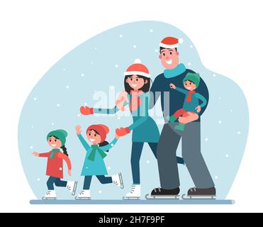 Grande famiglia felice alla pista. Genitori e bambini in vacanza attiva. Concetto di Natale. Illustrazione vettoriale in stile piatto. Illustrazione Vettoriale